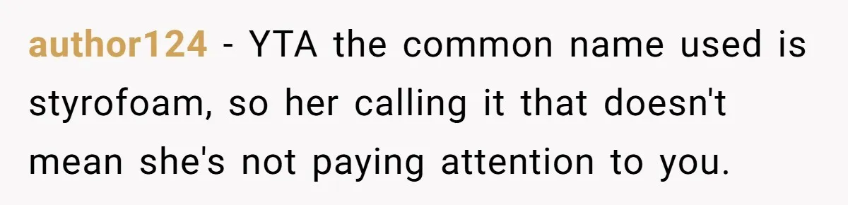 author124 − YTA the common name used is styrofoam, so her calling it that doesn't mean she's not paying attention to you.