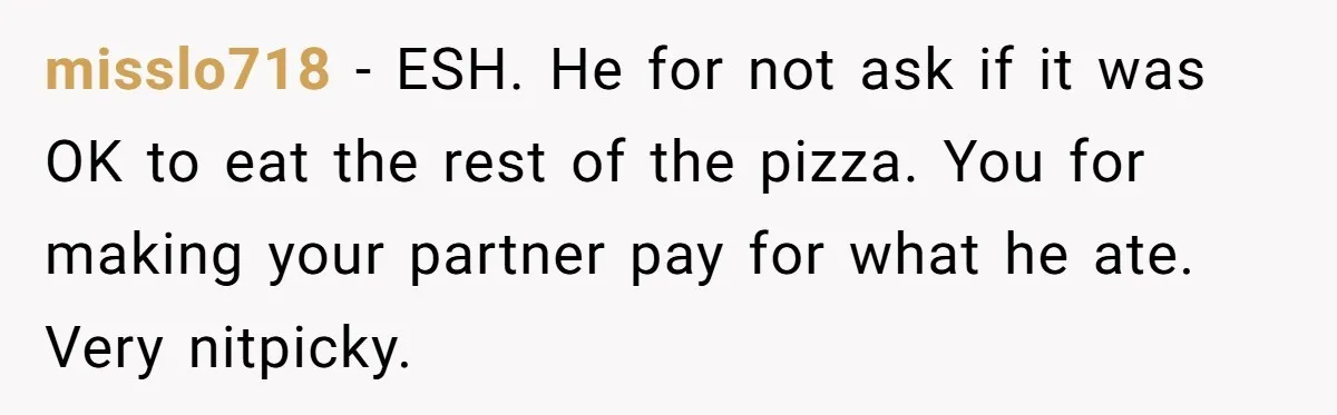 misslo718 − ESH. He for not ask if it was OK to eat the rest of the pizza. You for making your partner pay for what he ate. Very nitpicky.