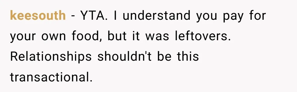 keesouth − YTA. I understand you pay for your own food, but it was leftovers. Relationships shouldn't be this transactional.