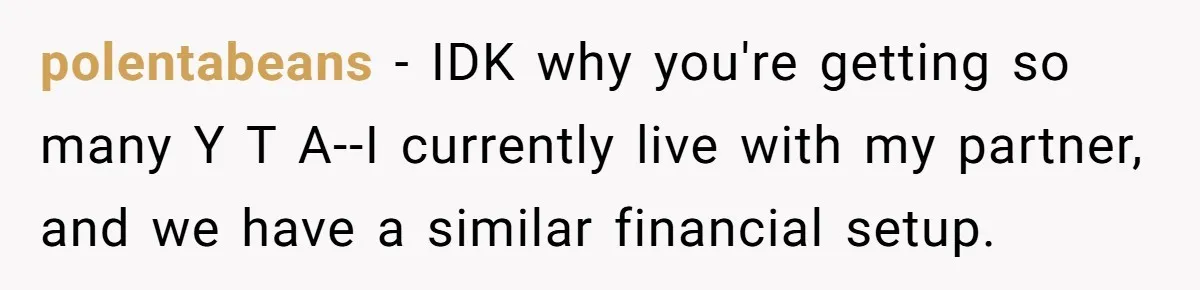 polentabeans − IDK why you're getting so many Y T A--I currently live with my partner, and we have a similar financial setup.