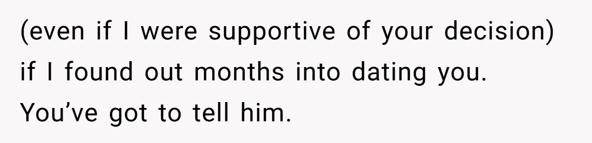 (even if I were supportive of your decision) if I found out months into dating you. You’ve got to tell him.