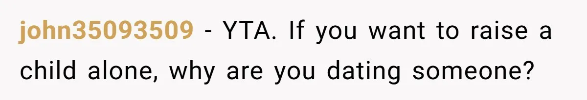 john35093509 − YTA. If you want to raise a child alone, why are you dating someone?