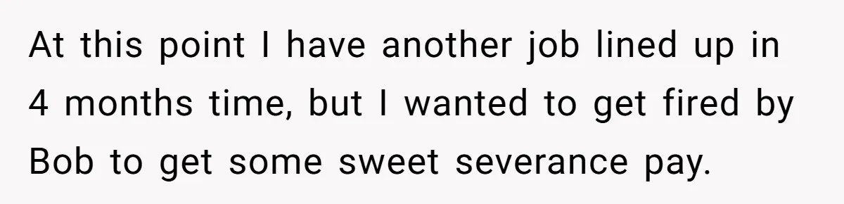 At this point I have another job lined up in 4 months time, but I wanted to get fired by Bob to get some sweet severance pay.
