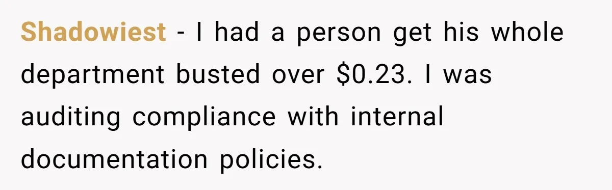 Shadowiest − I had a person get his whole department busted over $0.23. I was auditing compliance with internal documentation policies.