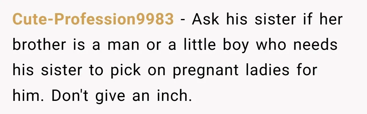 Cute-Profession9983 - Ask his sister if her brother is a man or a little boy who needs his sister to pick on pregnant ladies for him. Don't give an inch.