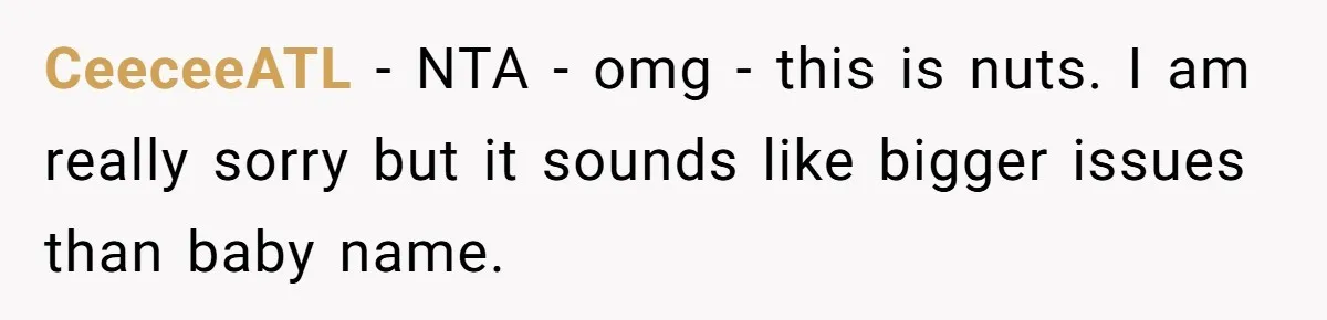 CeeceeATL - NTA - omg - this is nuts. I am really sorry but it sounds like bigger issues than baby name.