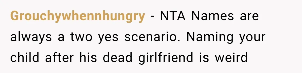 Grouchywhennhungry - NTA Names are always a two yes scenario. Naming your child after his dead girlfriend is weird