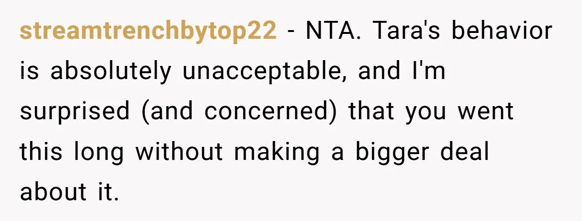 streamtrenchbytop22 − NTA. Tara's behavior is absolutely unacceptable, and I'm surprised (and concerned) that you went this long without making a bigger deal about it.