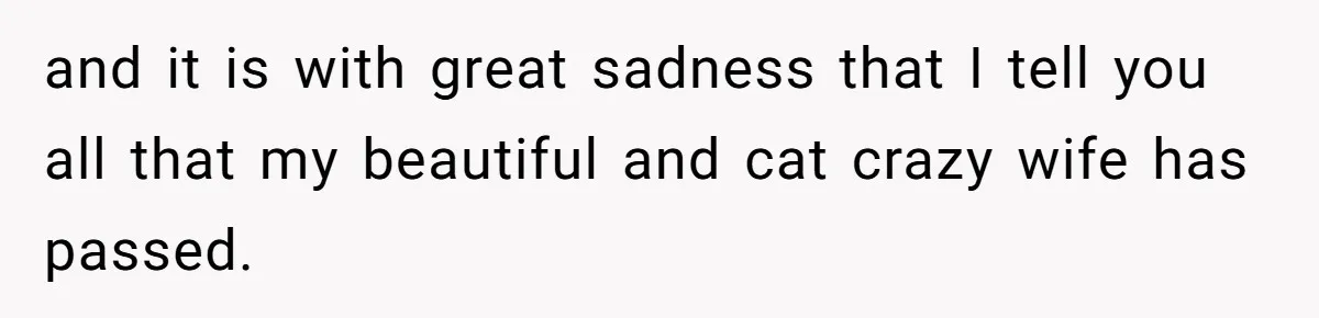 and it is with great sadness that I tell you all that my beautiful and cat crazy wife has passed.