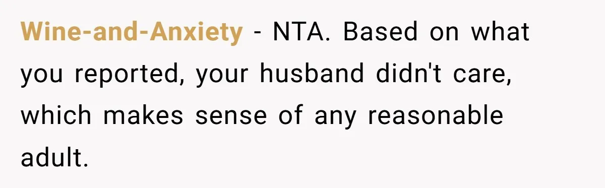 Wine-and-Anxiety − NTA. Based on what you reported, your husband didn't care, which makes sense of any reasonable adult.