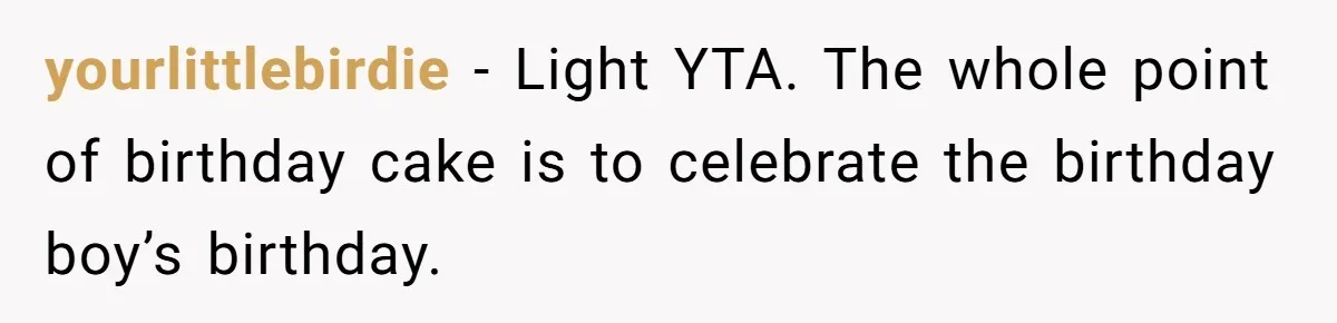 yourlittlebirdie − Light YTA. The whole point of birthday cake is to celebrate the birthday boy’s birthday.