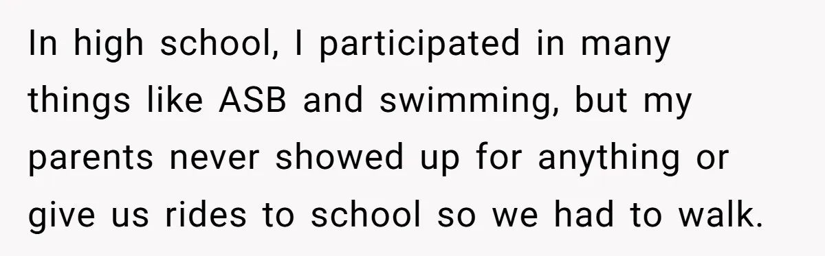 In high school, I participated in many things like ASB and swimming, but my parents never showed up for anything or give us rides to school so we had to...