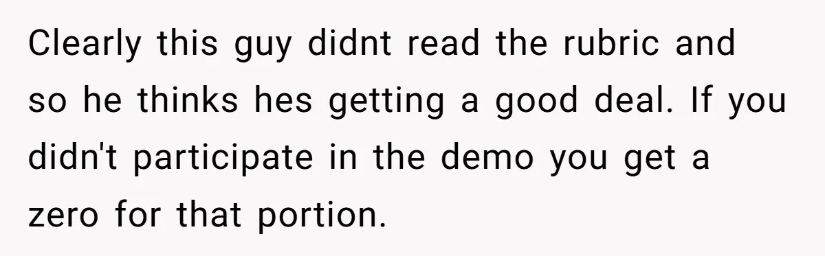 Clearly this guy didnt read the rubric and so he thinks hes getting a good deal. If you didn't participate in the demo you get a zero for that portion.