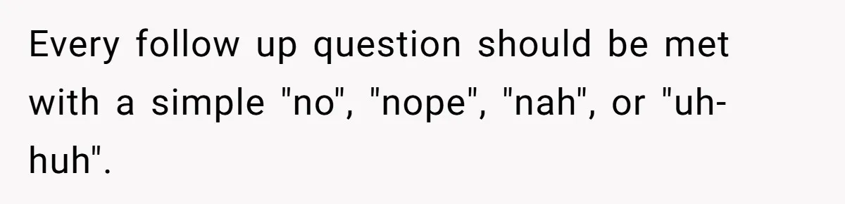 Every follow up question should be met with a simple "no", "nope", "nah", or "uh-huh".