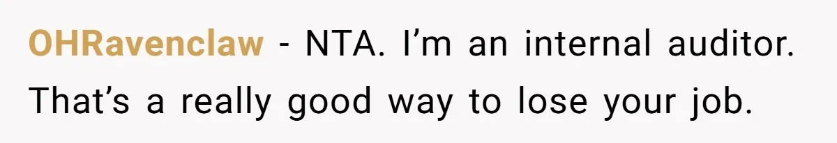 OHRavenclaw - NTA. I’m an internal auditor. That’s a really good way to lose your job.