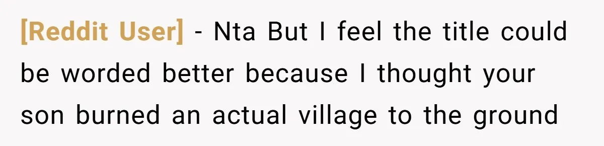 [Reddit User] − Nta But I feel the title could be worded better because I thought your son burned an actual village to the ground