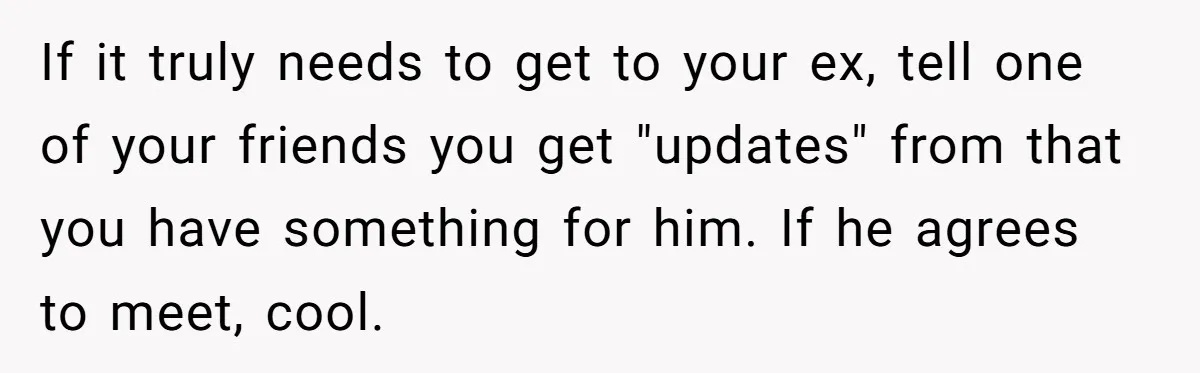 If it truly needs to get to your ex, tell one of your friends you get "updates" from that you have something for him. If he agrees to meet, cool.