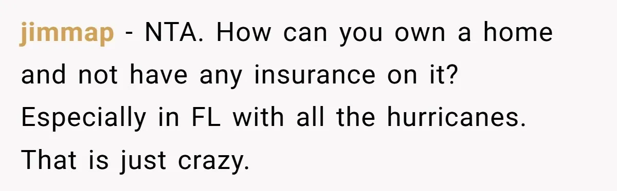 jimmap - NTA. How can you own a home and not have any insurance on it? Especially in FL with all the hurricanes. That is just crazy.