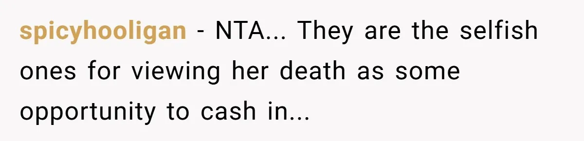 spicyhooligan - NTA... They are the selfish ones for viewing her death as some opportunity to cash in...