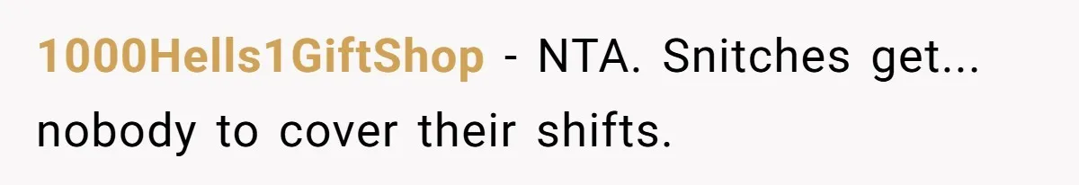 1000Hells1GiftShop - NTA. Snitches get... nobody to cover their shifts.