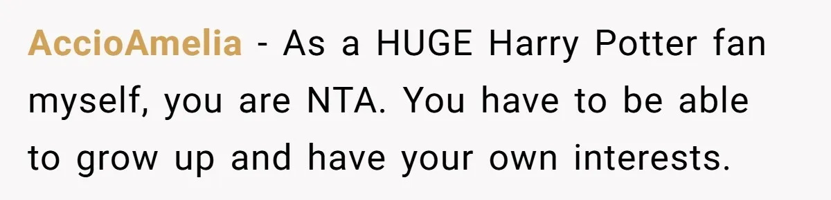 AccioAmelia − As a HUGE Harry Potter fan myself, you are NTA. You have to be able to grow up and have your own interests.