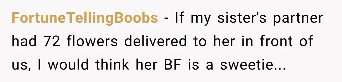 FortuneTellingBoobs - If my sister's partner had 72 flowers delivered to her in front of us, I would think her BF is a sweetie...