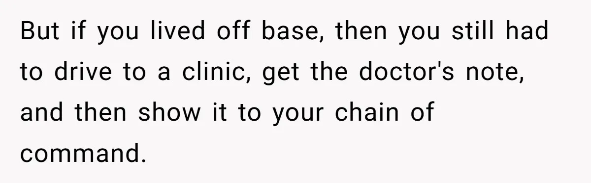 Worker Meets Boss' Doctor's Note Requirement And Ends Up With Surprise Weeklong Paid Vacation But if you lived off base, then you still had to drive to a clinic, get the doctor's note, and then show it to your chain of command.