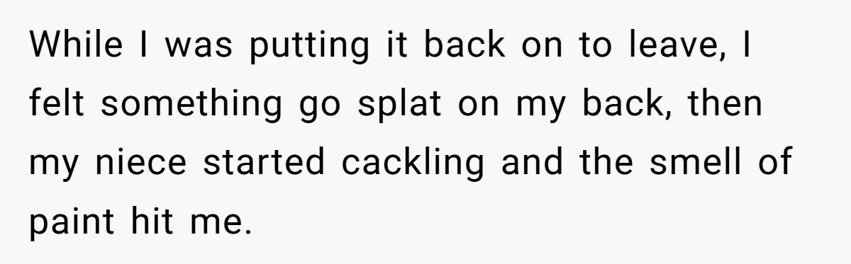 While I was putting it back on to leave, I felt something go splat on my back, then my niece started cackling and the smell of paint hit me.