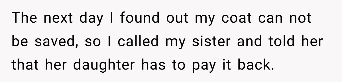 The next day I found out my coat can not be saved, so I called my sister and told her that her daughter has to pay it back.
