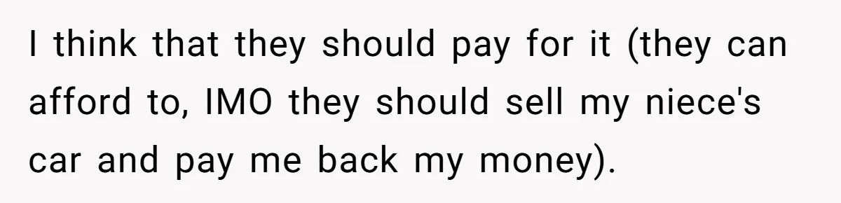 I think that they should pay for it (they can afford to, IMO they should sell my niece's car and pay me back my money).