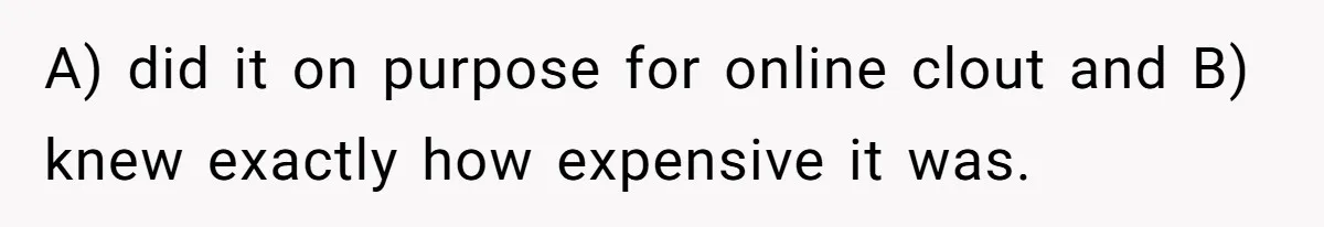 A) did it on purpose for online clout and B) knew exactly how expensive it was.