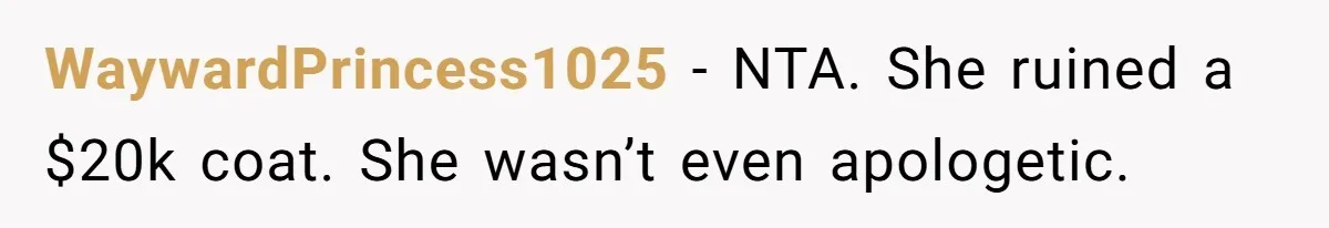 WaywardPrincess1025 − NTA. She ruined a $20k coat. She wasn’t even apologetic.
