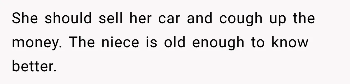 She should sell her car and cough up the money. The niece is old enough to know better.