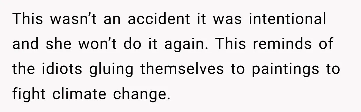 This wasn’t an accident it was intentional and she won’t do it again. This reminds of the idiots gluing themselves to paintings to fight climate change.