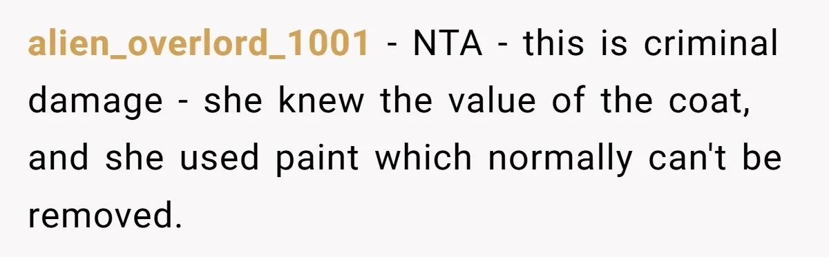 alien_overlord_1001 − NTA - this is criminal damage - she knew the value of the coat, and she used paint which normally can't be removed.