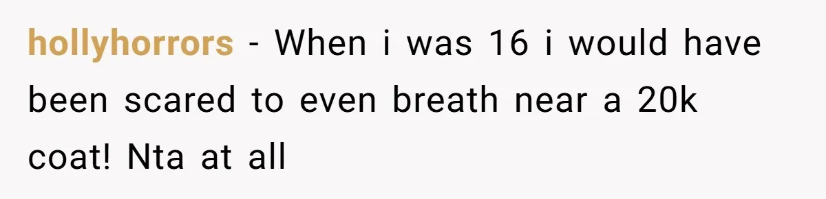 hollyhorrors − When i was 16 i would have been scared to even breath near a 20k coat! Nta at all