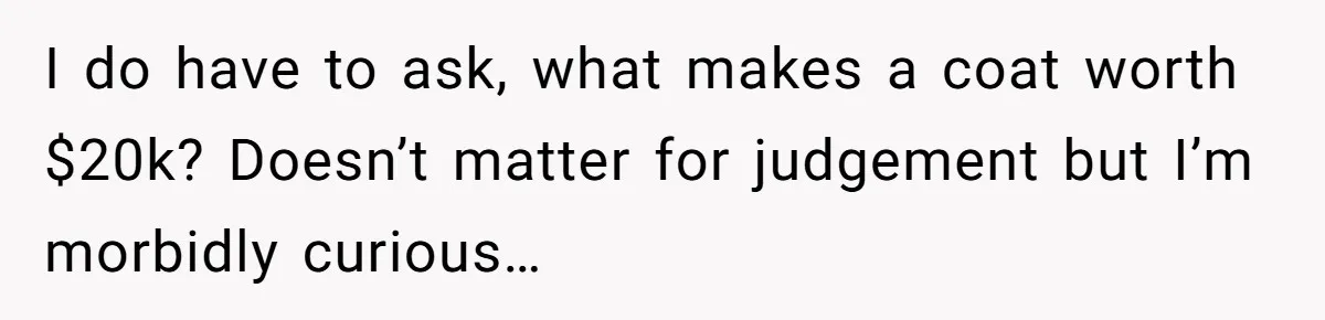 I do have to ask, what makes a coat worth $20k? Doesn’t matter for judgement but I’m morbidly curious…