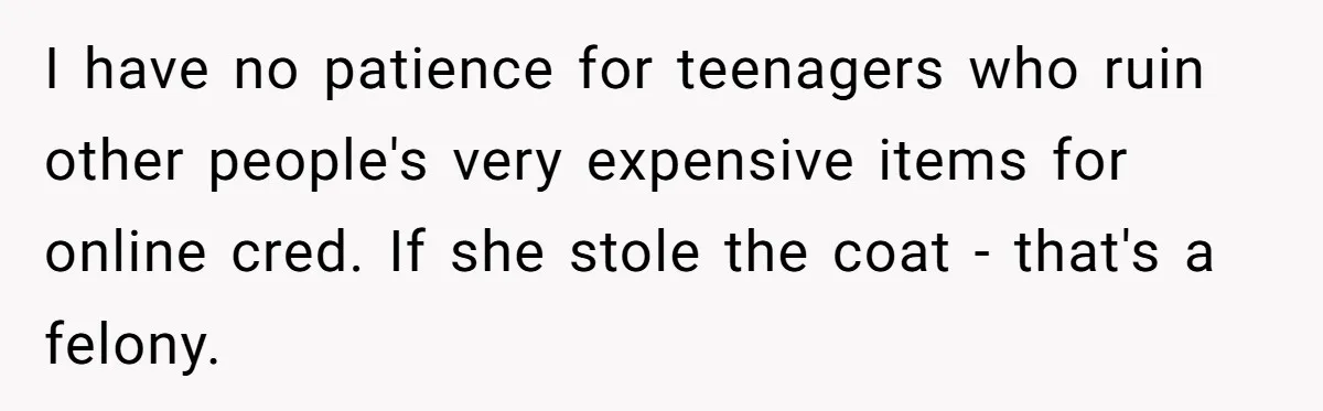 I have no patience for teenagers who ruin other people's very expensive items for online cred. If she stole the coat - that's a felony.