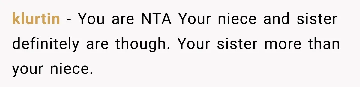 klurtin − You are NTA Your niece and sister definitely are though. Your sister more than your niece.