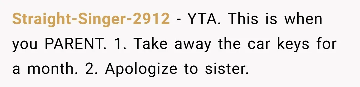 Straight-Singer-2912 - YTA. This is when you PARENT. 1. Take away the car keys for a month. 2. Apologize to sister.