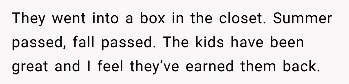 They went into a box in the closet. Summer passed, fall passed. The kids have been great and I feel they’ve earned them back.