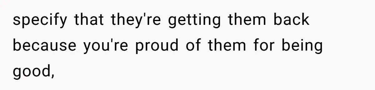 specify that they're getting them back because you're proud of them for being good,