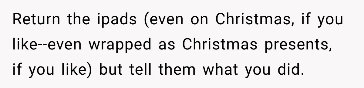 Return the ipads (even on Christmas, if you like--even wrapped as Christmas presents, if you like) but tell them what you did.