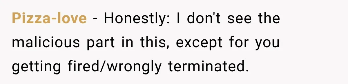 Pizza-love − Honestly: I don't see the malicious part in this, except for you getting fired/wrongly terminated.