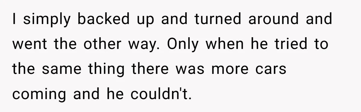 I simply backed up and turned around and went the other way. Only when he tried to the same thing there was more cars coming and he couldn't.