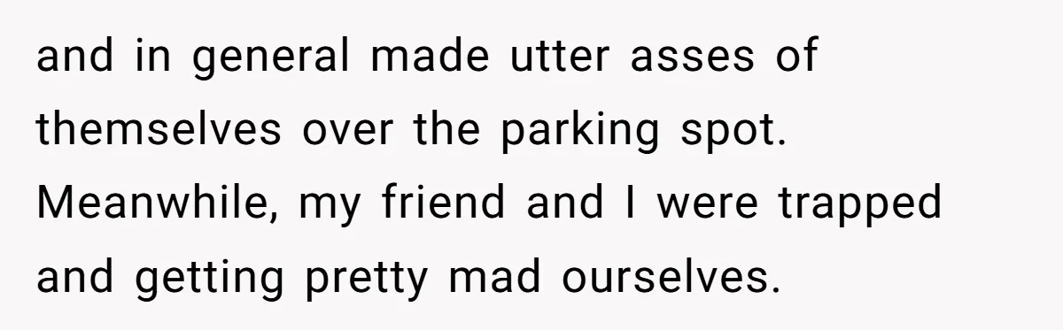 and in general made utter asses of themselves over the parking spot. Meanwhile, my friend and I were trapped and getting pretty mad ourselves.