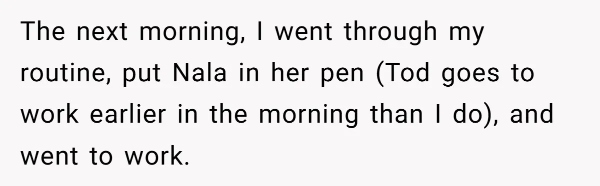 The next morning, I went through my routine, put Nala in her pen (Tod goes to work earlier in the morning than I do), and went to work.