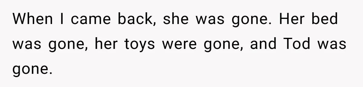 When I came back, she was gone. Her bed was gone, her toys were gone, and Tod was gone.