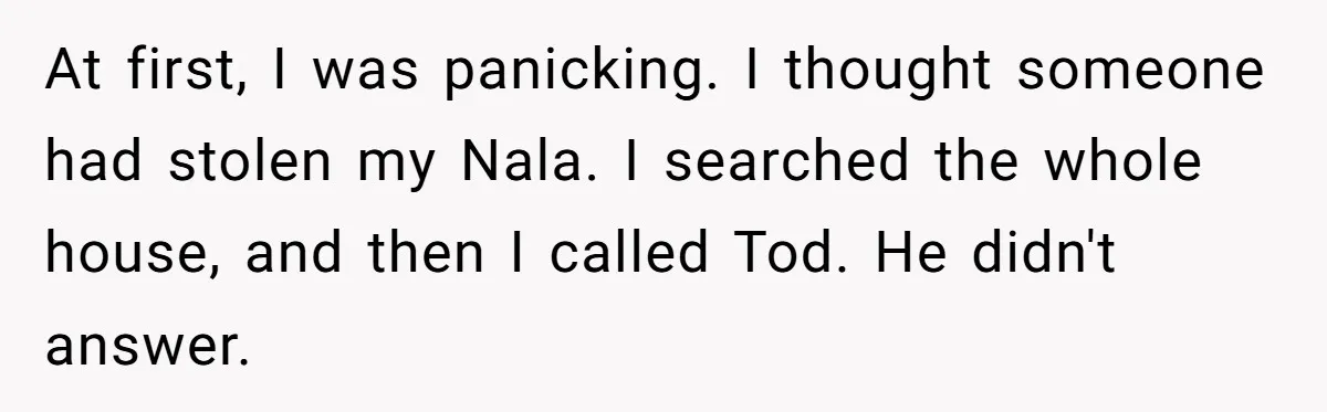 At first, I was panicking. I thought someone had stolen my Nala. I searched the whole house, and then I called Tod. He didn't answer.