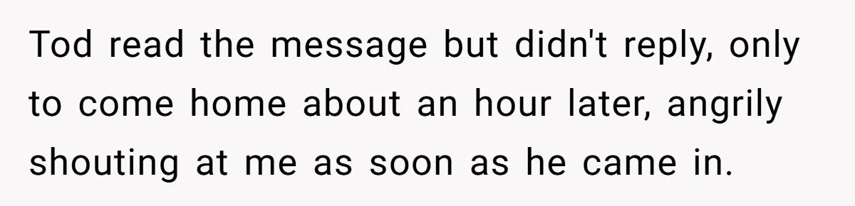 Tod read the message but didn't reply, only to come home about an hour later, angrily shouting at me as soon as he came in.